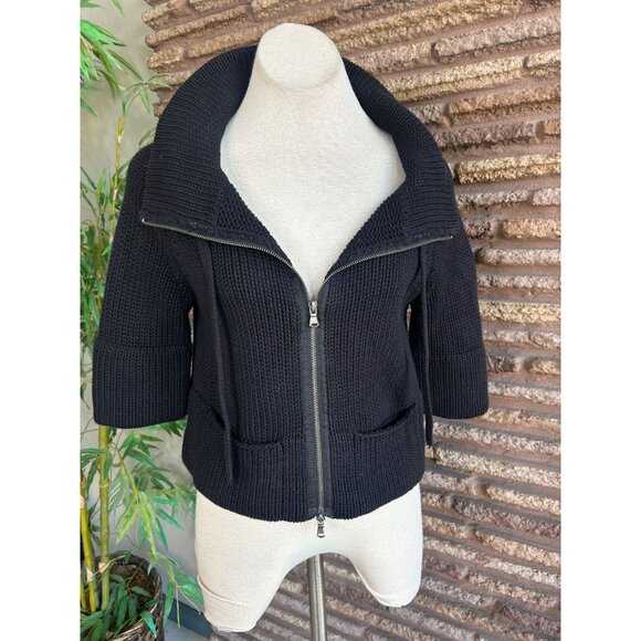 Anthropologie Shae Black Chunky Knit Full Zip Cardigan Sweater Size Medium - Picture 2 of 9
